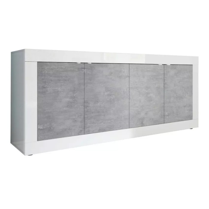 Buffet 4 portes, collection BURA, blanc laqué brillant/chêne clair, idéal pour salon moderne
