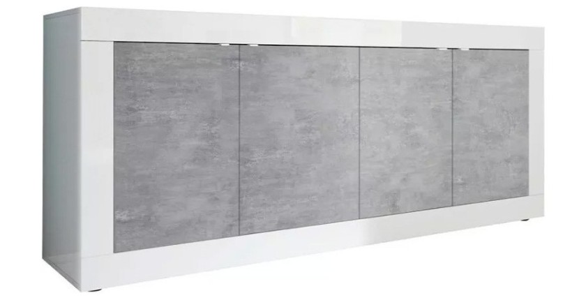 Buffet 4 portes, collection BURA, blanc laqué brillant/chêne clair, idéal pour salon moderne