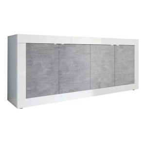 Buffet 4 portes, collection BURA, blanc laqué brillant/chêne clair, idéal pour salon moderne