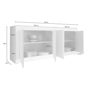 Buffet 4 portes, collection ISORA, coloris blanc et chêne clair, idéal pour un salon ou une salle à manger moderne
