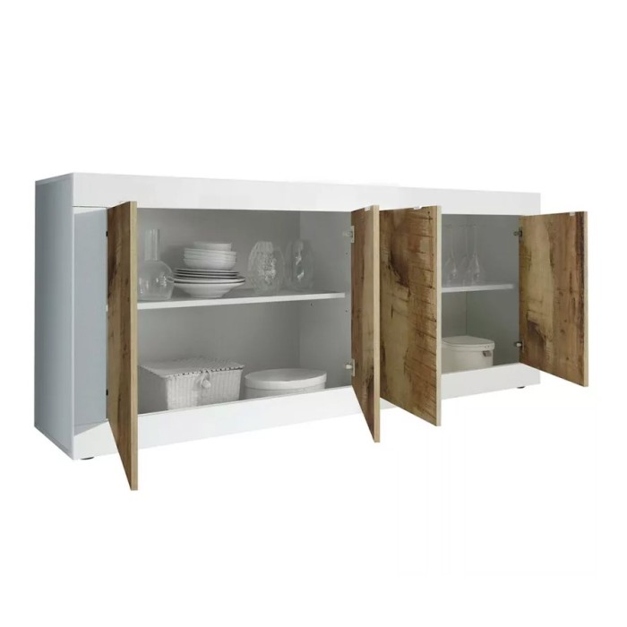 Buffet 4 portes, collection ISORA, coloris blanc et chêne clair, idéal pour un salon ou une salle à manger moderne