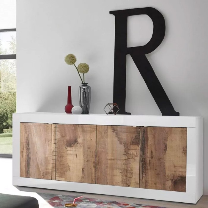 Buffet 4 portes, collection ISORA, coloris blanc et chêne clair, idéal pour un salon ou une salle à manger moderne