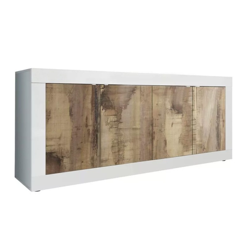 Buffet 4 portes, collection CISA, coloris blanc et chêne clair, idéal pour un salon ou une salle à manger moderne