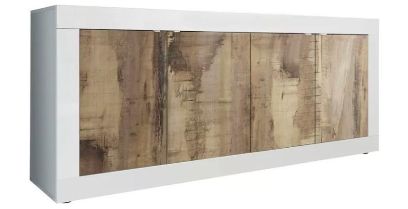 Buffet 4 portes, collection CISA, coloris blanc et chêne clair, idéal pour un salon ou une salle à manger moderne