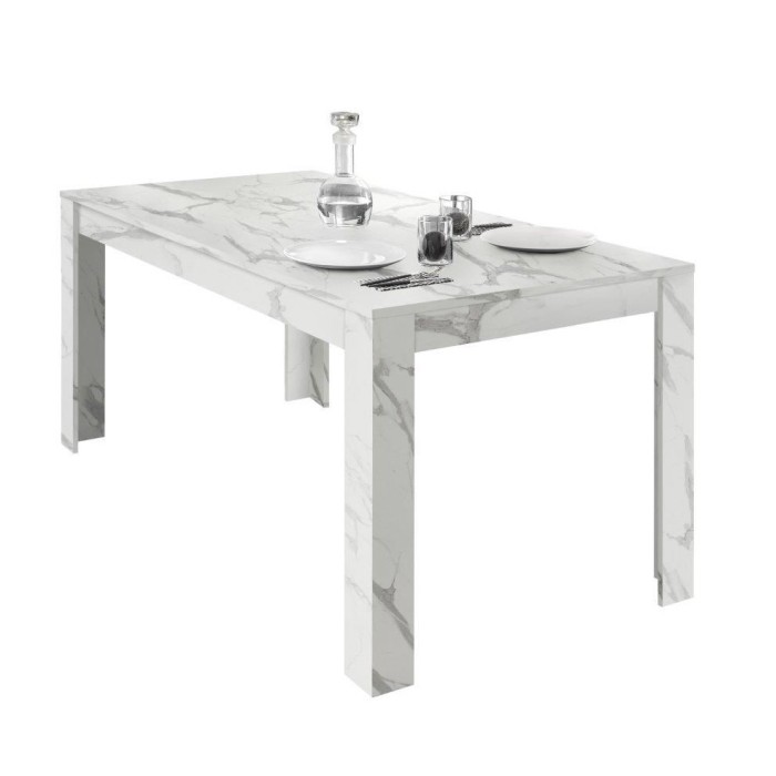 Table extensible, collection COLOMARMO, coloris blanc effet marbre, idéal pour une salle à manger moderne et tendance