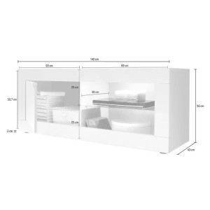 Meuble TV 1 porte, collection CISA, coloris blanc laqué brillant et gris effet béton