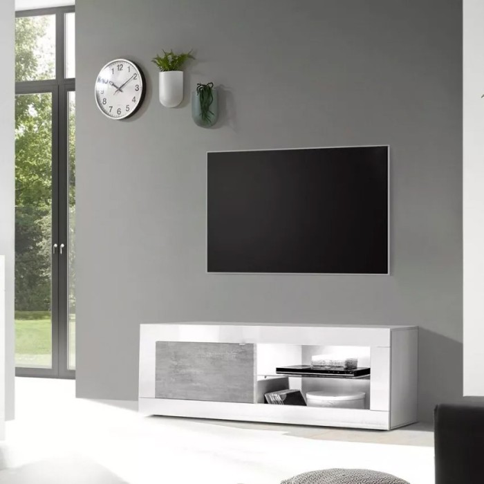 Meuble TV 1 porte, collection CISA, coloris blanc laqué brillant et gris effet béton