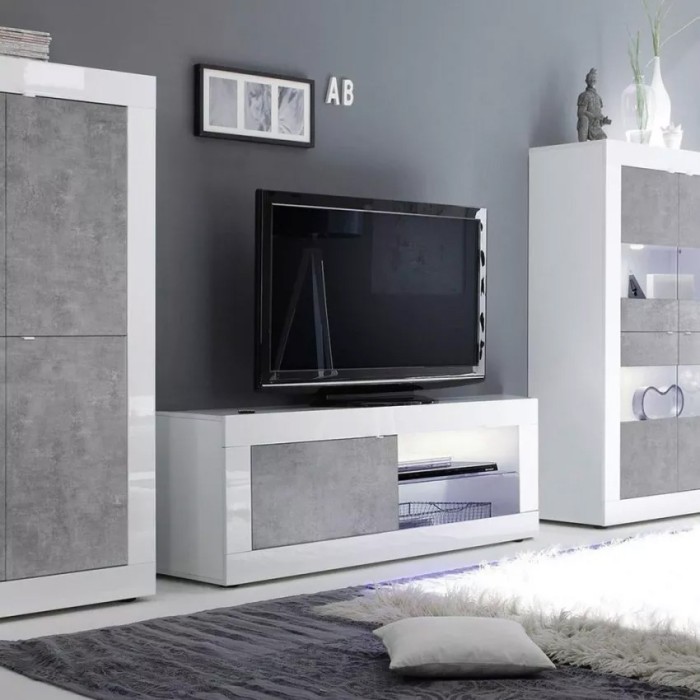 Meuble TV 1 porte, collection CISA, coloris blanc laqué brillant et gris effet béton