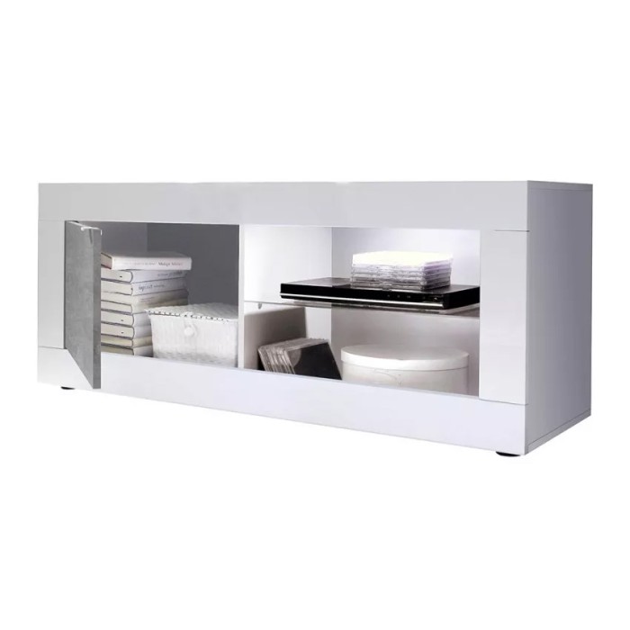 Meuble TV 1 porte, collection CISA, coloris blanc laqué brillant et gris effet béton