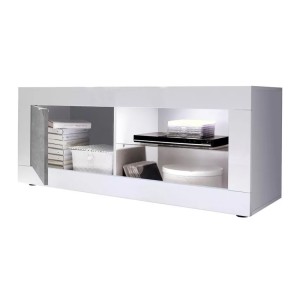 Meuble TV 1 porte, collection CISA, coloris blanc laqué brillant et gris effet béton