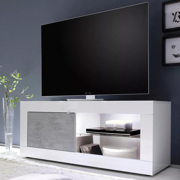 Meuble TV 1 porte, collection CISA, coloris blanc laqué brillant et gris effet béton