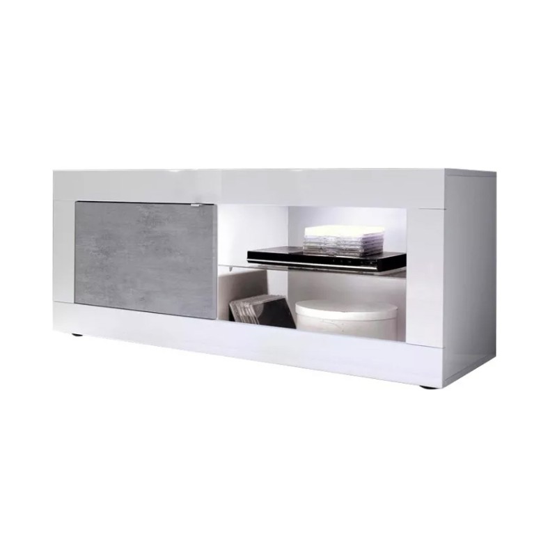 Meuble TV 1 porte, collection CISA, coloris blanc laqué brillant et gris effet béton