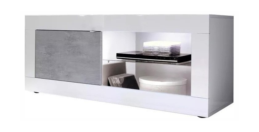 Meuble TV 1 porte, collection CISA, coloris blanc laqué brillant et gris effet béton