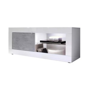 Meuble TV 1 porte, collection CISA, coloris blanc laqué brillant et gris effet béton