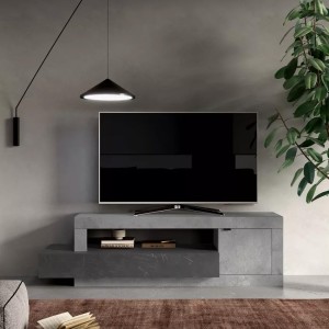 Meuble TV 1 porte 1 tiroir collection DOMI. Coloris effet béton et gris anthracite, idéal dans un salon design