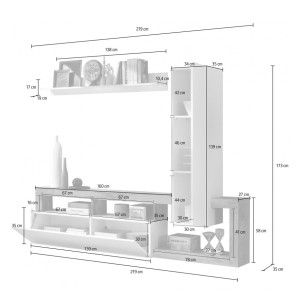 Ensemble meubles salon avec rangements 220 cm, collection BURA, blanc laqué/gris anthracite