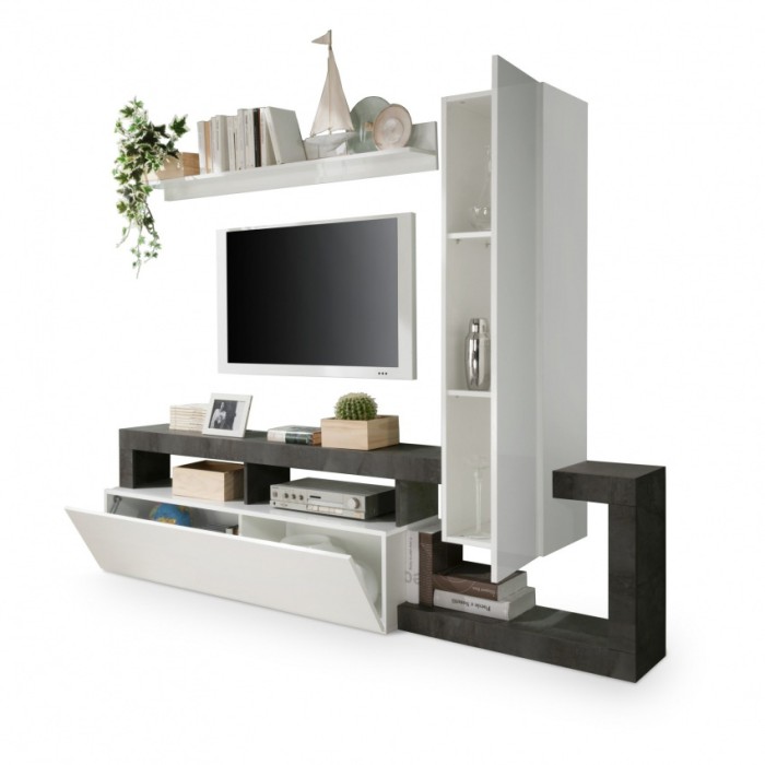 Ensemble meubles salon avec rangements 220 cm, collection BURA, blanc laqué/gris anthracite