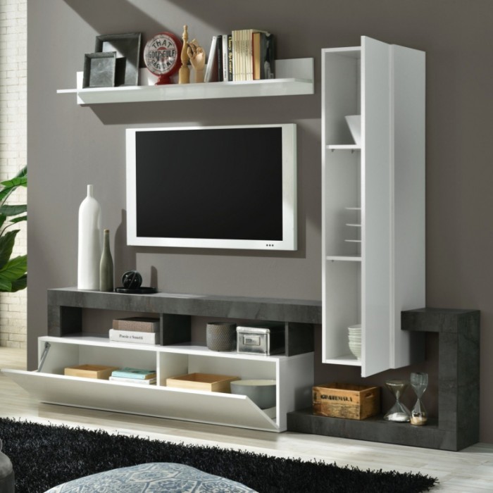 Ensemble meubles salon avec rangements 220 cm, collection BURA, blanc laqué/gris anthracite