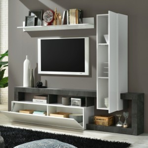 Ensemble meubles salon avec rangements 220 cm, collection BURA, blanc laqué/gris anthracite