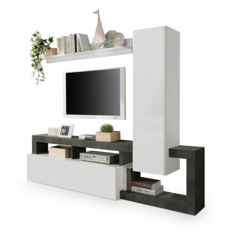 Ensemble meubles salon avec rangements 220 cm, collection BURA, blanc laqué/gris anthracite