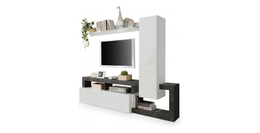 Ensemble meubles salon avec rangements 220 cm, collection BURA, blanc laqué/gris anthracite