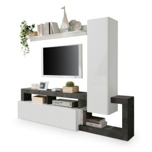 Ensemble meubles salon avec rangements 220 cm, collection BURA, blanc laqué/gris anthracite