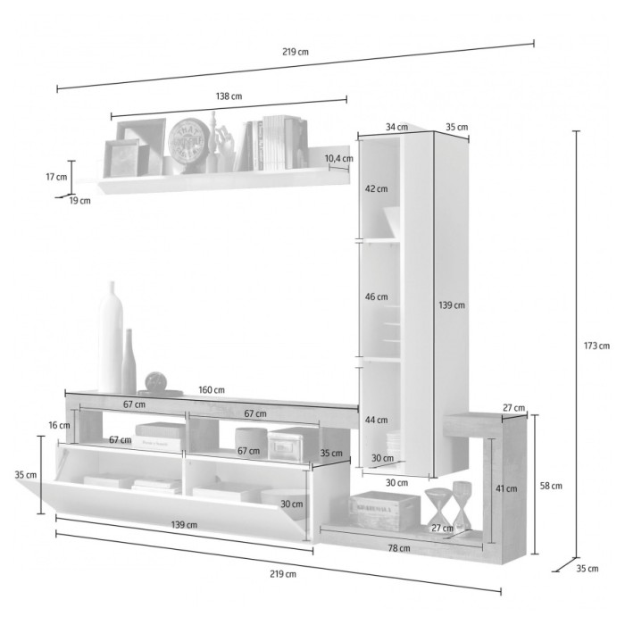 Ensemble meubles salon avec rangements, collection BURA, longueur 219 cm, blanc laqué/gris béton