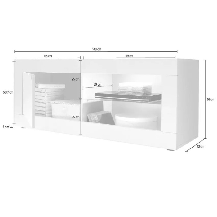 Meuble TV 1 porte, collection ISORA, coloris blanc laqué brillant et chêne clair