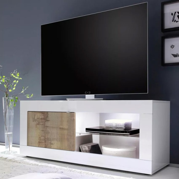 Meuble TV 1 porte, collection ISORA, coloris blanc laqué brillant et chêne clair