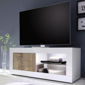 Meuble TV 1 porte, collection ISORA, coloris blanc laqué brillant et chêne clair