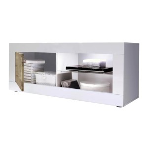 Meuble TV 1 porte, collection ISORA, coloris blanc laqué brillant et chêne clair