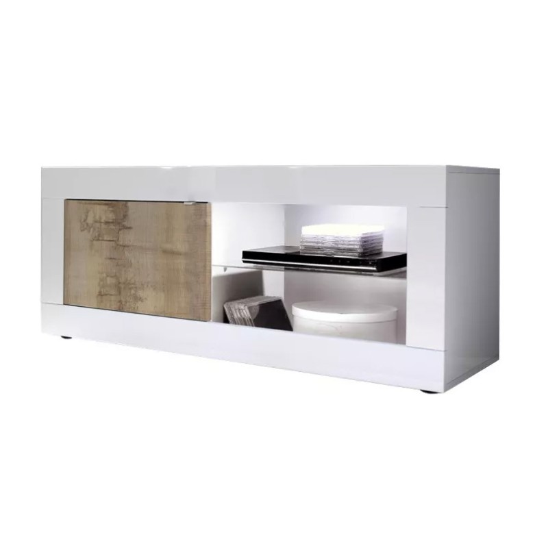 Meuble TV 1 porte, collection CISA, coloris blanc laqué brillant et chêne clair