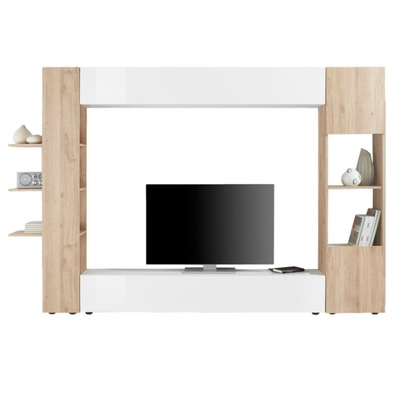 Composition meubles salon avec rangements, collection VASCO, blanc laqué/chêne clair