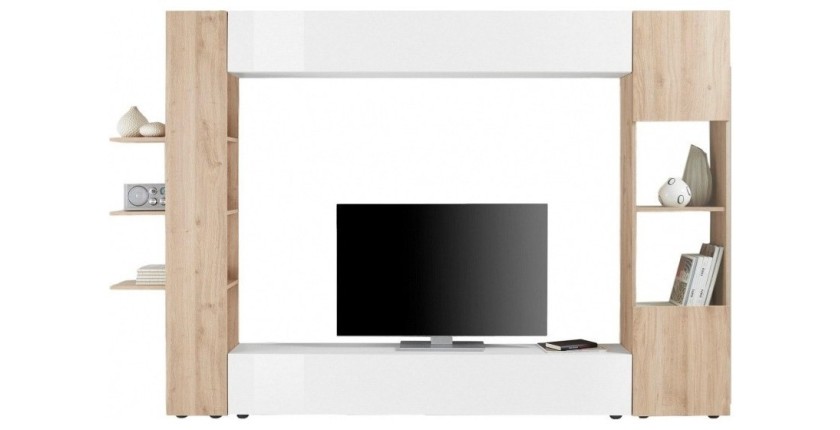 Composition meubles salon avec rangements, collection VASCO, blanc laqué/chêne clair