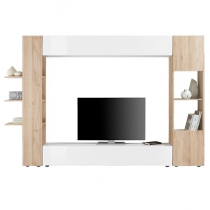 Composition meubles salon avec rangements, collection VASCO, blanc laqué/chêne clair