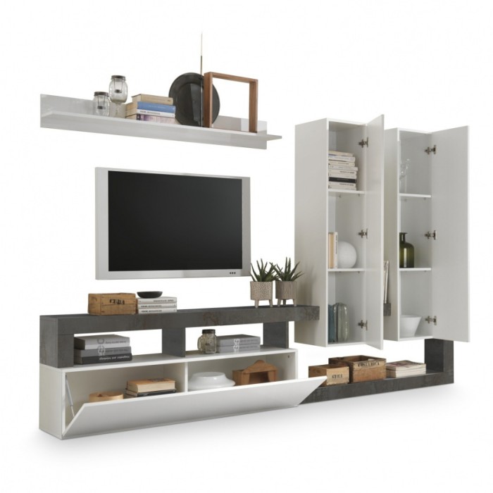 Ensemble meubles salon avec rangements, collection BURA, blanc laqué/gris anthracite