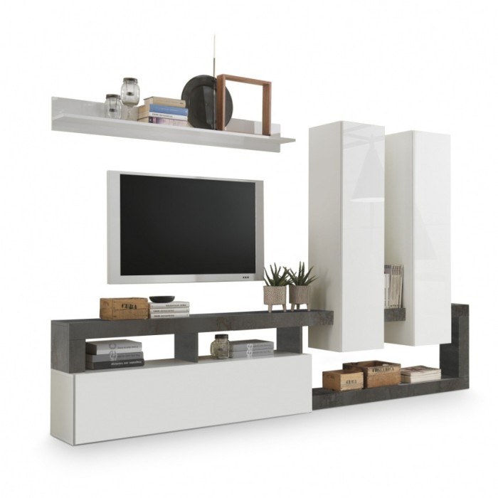 Ensemble meubles salon avec rangements, collection BURA, blanc laqué/gris anthracite