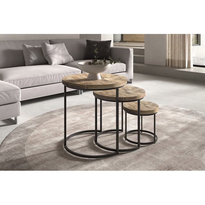 Ensemble de 3 tables d’appoint gigognes rondes en bois massif – Collection OIKOS – Style industriel