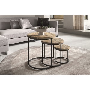 Ensemble de 3 tables d’appoint gigognes rondes en bois massif – Collection OIKOS – Style industriel