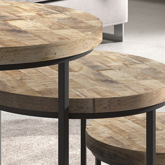 Ensemble de 3 tables d’appoint gigognes rondes en bois massif – Collection OIKOS – Style industriel