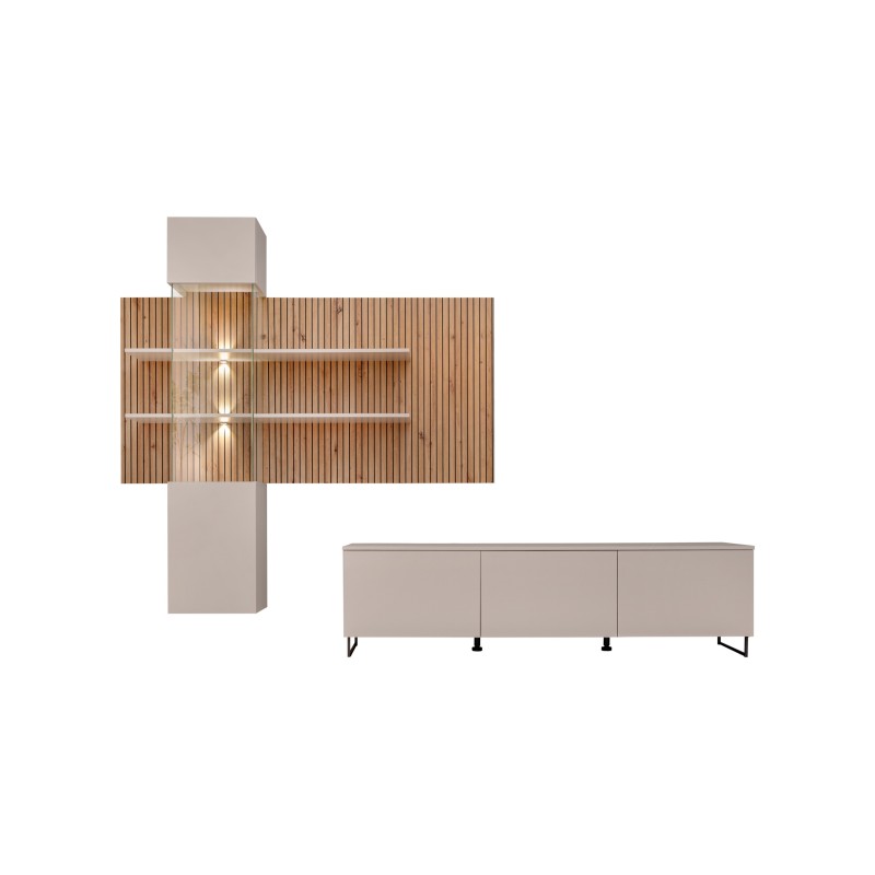 Composition murale Velora (Beige & Chêne) – Panneau mural, meuble vitré LED et meuble TV