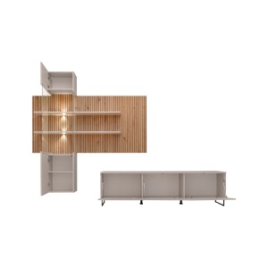 Composition murale Velora (Beige & Chêne) – Panneau mural, meuble vitré LED et meuble TV