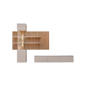 Composition murale ALVANO (Beige & Chêne) – Panneau mural, meuble vitré LED et meuble TV