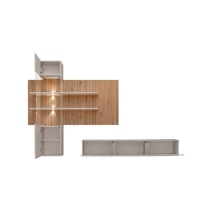 Composition murale ALVANO (Beige & Chêne) – Panneau mural, meuble vitré LED et meuble TV