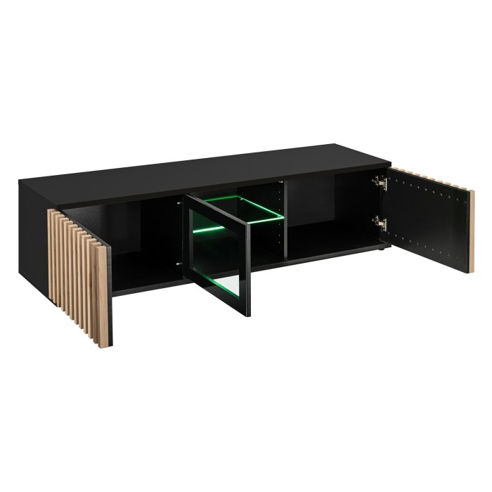 Meuble TV 160cm coloris chêne et noir collection DEAN. Meuble design avec 2 portes et 2 niches.