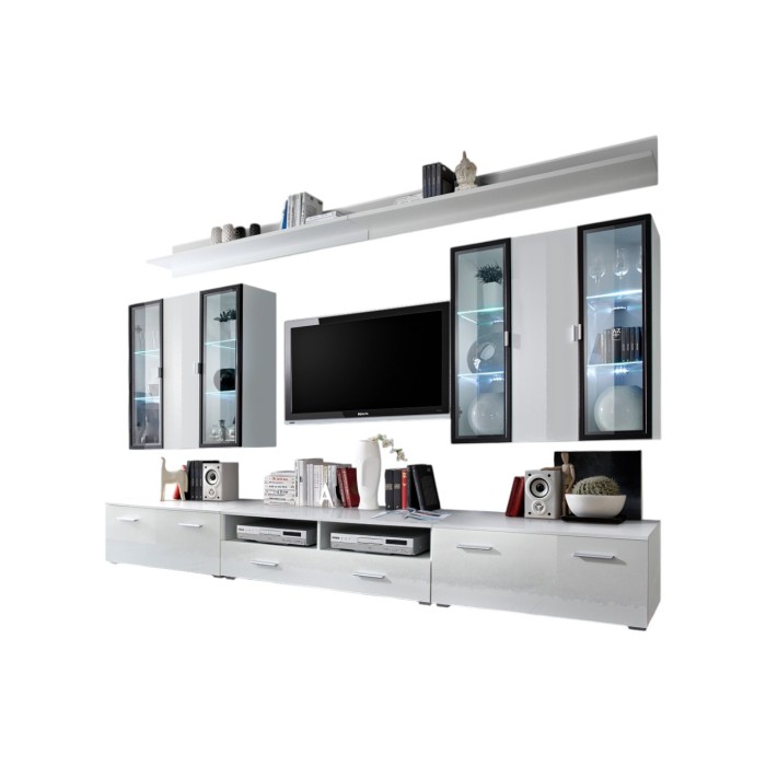 Ensemble meuble salon Iceland blanc de haute brillance avec LED