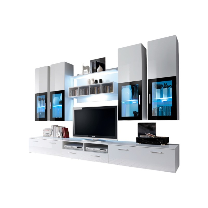 Composition de meubles TV  design collection LORA. Coloris blanc mat et blanc brillant.