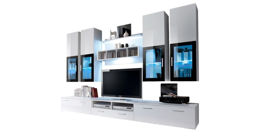 Composition de meubles TV  design collection LORA. Coloris blanc mat et blanc brillant.