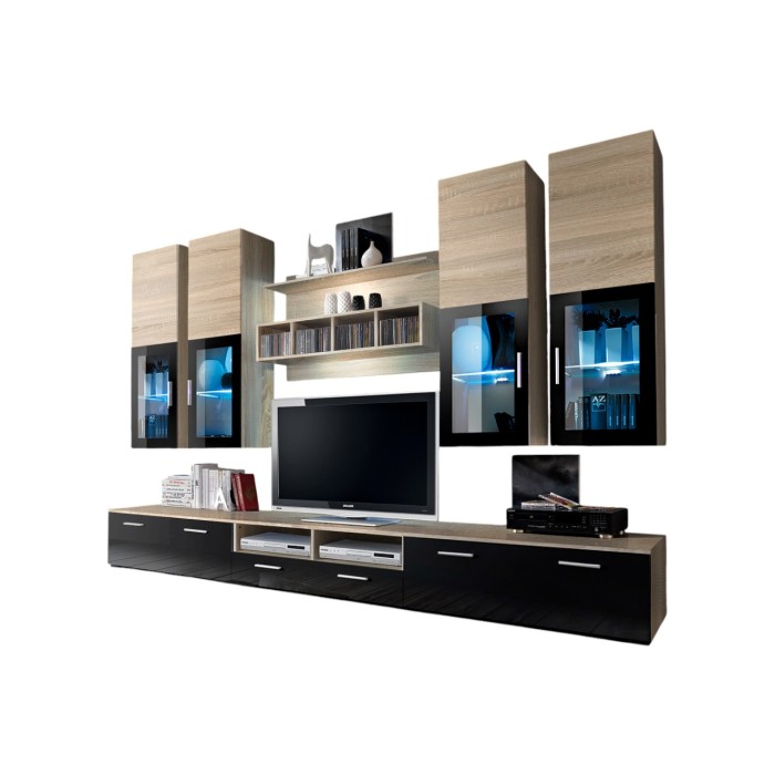 Composition de meubles TV  design collection LORA. Coloris chêne et noir.