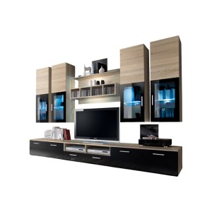 Composition de meubles TV  design collection LORA. Coloris chêne et noir.